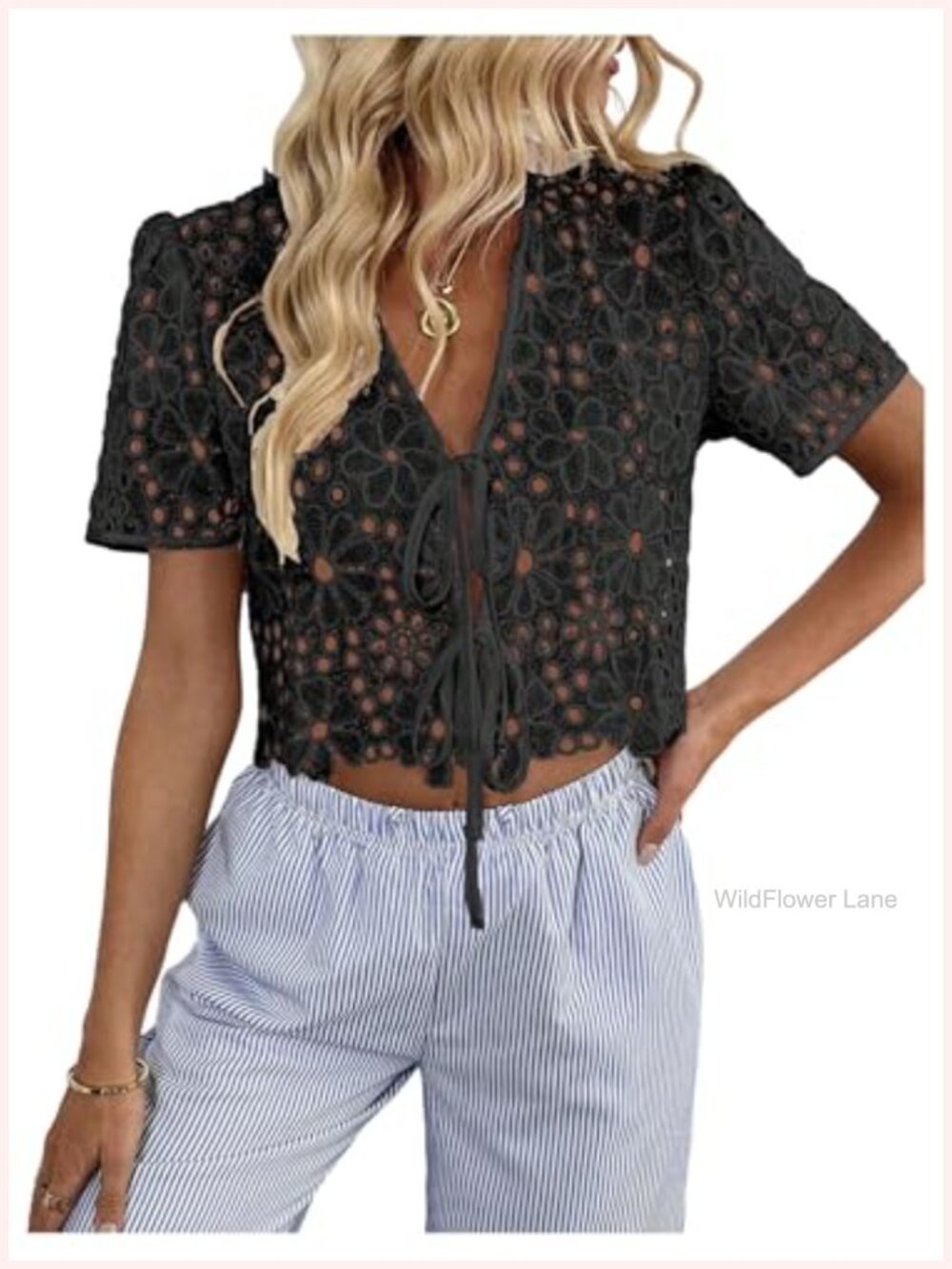 Womens Boho Floral Embroidery Tie Front Crop Top Blouse Lace Trim Bowknot Short